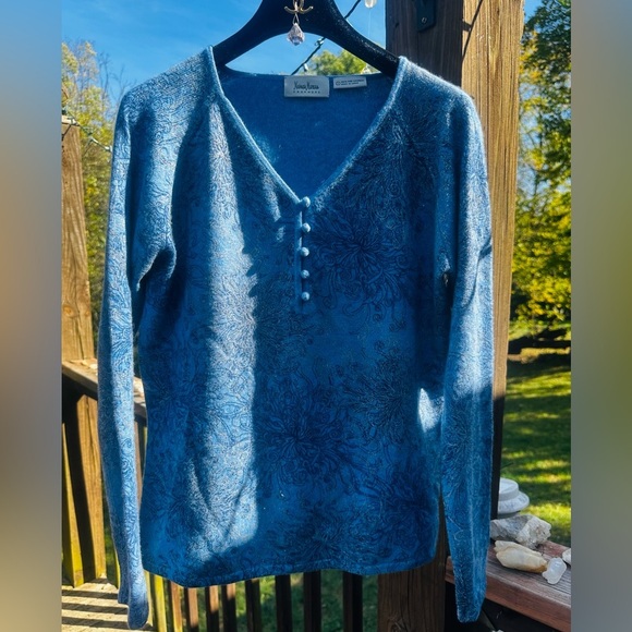 Neiman Marcus Cashmere Sweater Sz L Blue and Gold - Picture 4 of 4